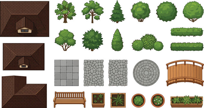 Top view garden and house elements set for landscape design and architectural planning map creation vector illustration
