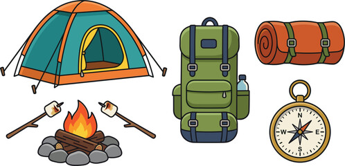 Collection of colorful camping equipment icons including dome tent green backpack campfire with marshmallows and compass © Afsana