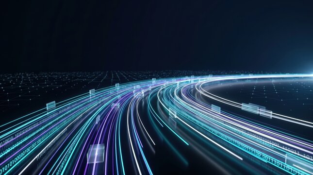 Glowing fiber optic lines curve through dark space, moving digital data stream flows toward horizon, global networking
