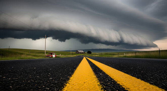 Dramatic shelf cloud over rural road and countryside landscape