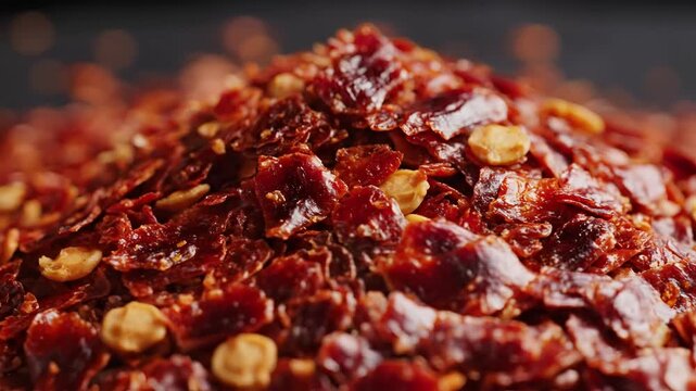 Closeup Macro Shot of Dried Red Chili Flakes Pile 10.