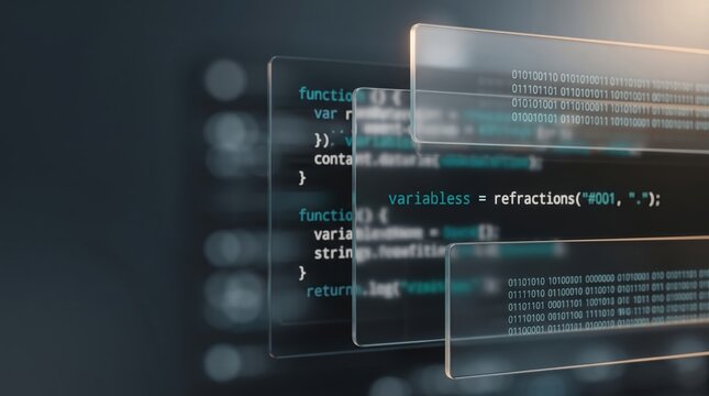 Frosted glass panels reflecting teal software code, abstract digital data stream with depth, premium developer tools