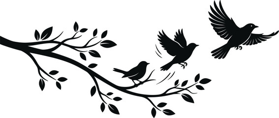 Silhouette of birds flying away from a tree branch with leaves representing freedom and nature for wall decor © Afsana