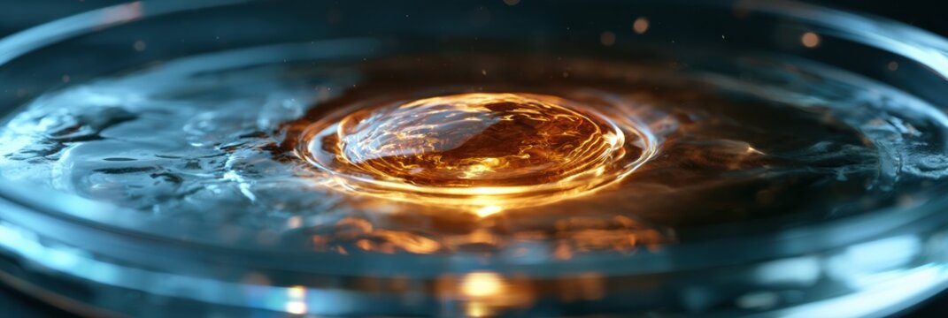A single embryo rests in a glass petri dish, illuminated by microscope light in a clinical IVF lab with a warm glow against a dark background.