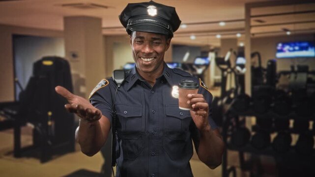 Police officer man holding takeaway coffee, offering cup with outstretched hand and smiling, wearing uniform and radio in a gym building; welcoming service.