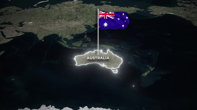 Australia Map Animation with 3D Waving of Australia National Flag and Glowing Border Animation on World Map