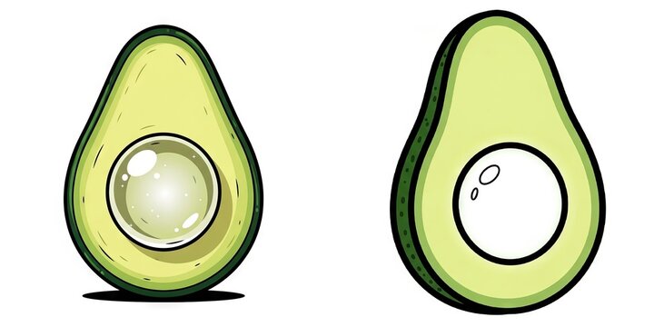 Cartoon avocado halves with pit and without pit on white background  