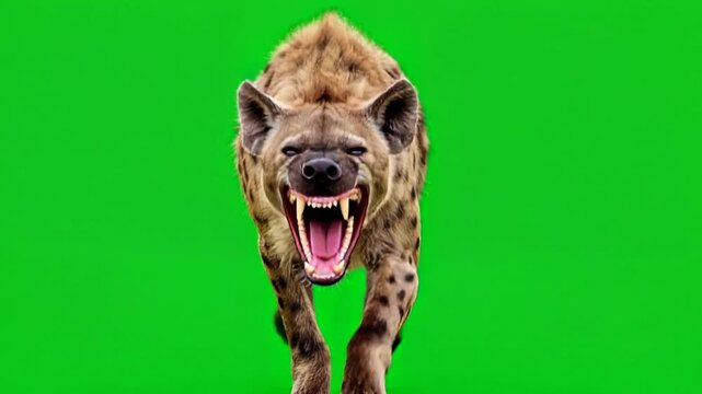 Spotted Hyena Running Aggressively with Open Mouth on Green Screen Background Realistic Laughing Motion for Safari VFX