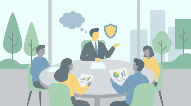 Professional business meeting around a conference table.
