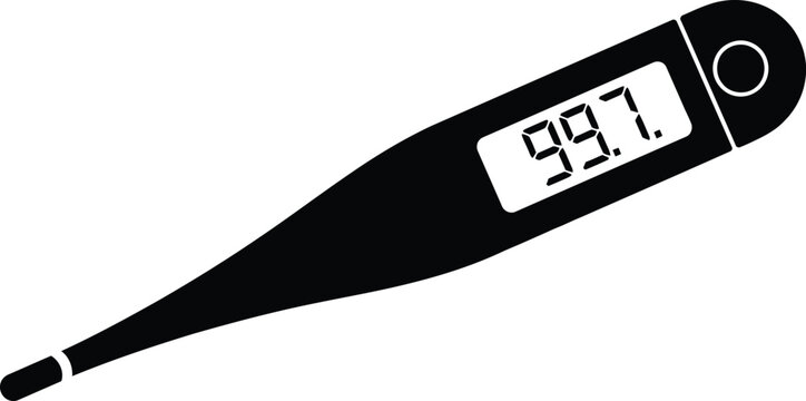 Digital thermometer displaying 99.7 temperature on black background, medical healthcare device, measuring body fever.
