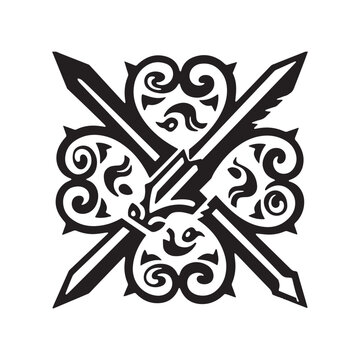 Intricate Black and White Ornamental Symmetrical Pattern Featuring Stylized Sword Blade Elements. 