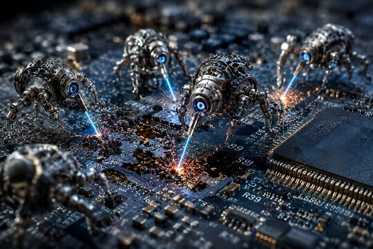 Microscopic nanobots repairing a complex electronic circuit board with blue laser beams, concept of nanotechnology, micro-engineering, and futuristic autonomous hardware maintenance