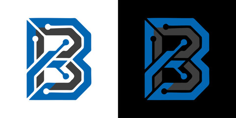 Modern letter B logo design, intricately crafted with circuit board elements, symbolizing digital transformation, technological progress, and innovative connectivity © irfan