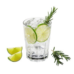 Fototapeta premium Freshly prepared gin and tonic with lime garnish and rosemary sprig