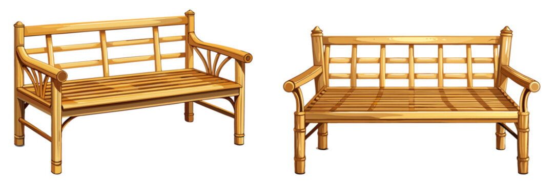 A set of two elegant bamboo garden benches featuring decorative slatted backrests and warm golden wood tones isolated on a white background.