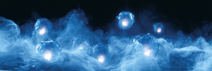 Fototapeta premium Glowing embryos in liquid nitrogen vapor highlight the cryopreservation process for fertility preservation in a dark lab setting.