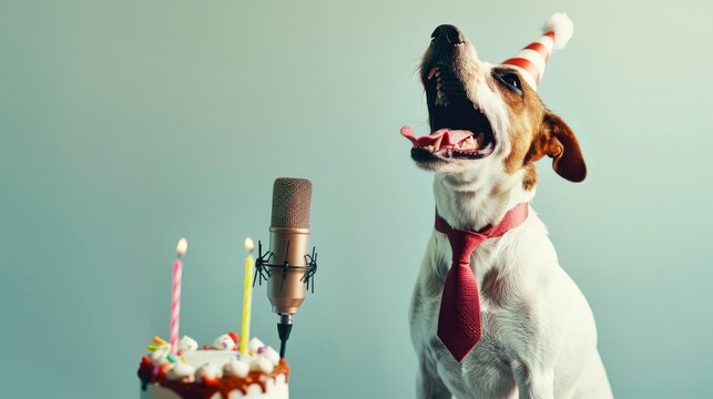 Celebratory Canine Crooner: A Dog in a Birthday Hat With a Microphone