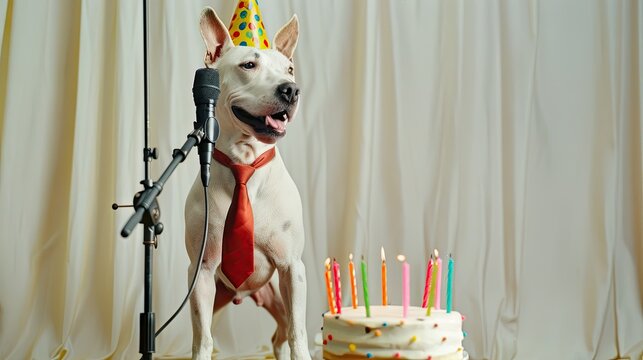 Celebratory Canine Crooner: A Dog in a Birthday Hat With a Microphone