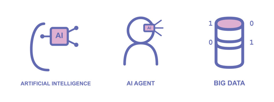 Artificial intelligence agent and big data concept graphic design elements set.