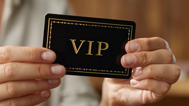 Hand holding a black vip card with gold text and decorative border, symbolizing exclusive membership, privileged access, luxury lifestyle, and elite clientele experience