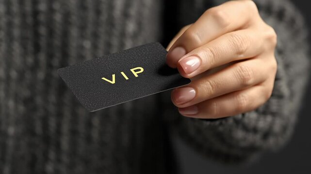 Hand holding black textured vip card with prominent gold lettering, symbolizing premium membership, exclusive access and elite benefits for loyalty, luxury events and corporate rewards