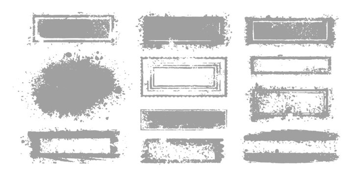 A vintage set of black grunge rubber stamps and ink splatter borders featuring dirty paint stroke textures and brush design elements in a vector illustration