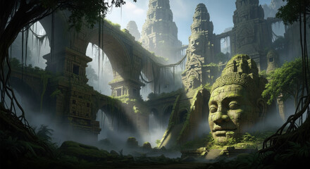 Obraz premium Ancient temple, stone face, jungle