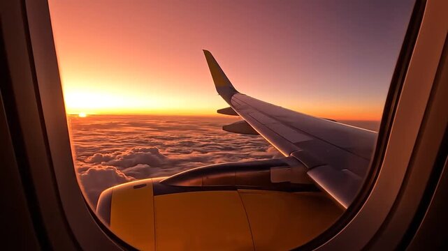 Airplane wing at sunset from window.