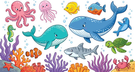 Obraz premium Cute Underwater Sea Animals Cartoon Vector Collection with Whale Shark Turtle Octopus Jellyfish and Coral Reef Elements