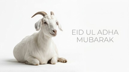 Fototapeta premium Eid Ul Adha Mubarak greeting card with white goat, sacrificial animal for Islamic festival, religious celebration banner on white background