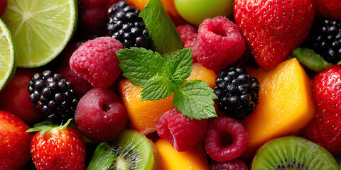 Obraz premium Fresh Fruit Salad with Kiwi Raspberries and Strawberries