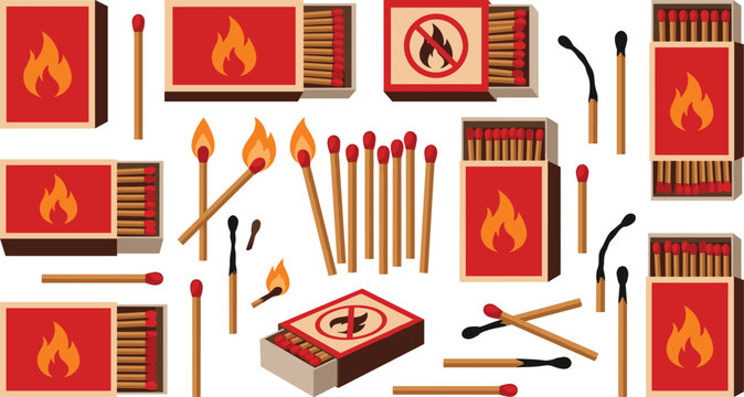 Matchbox and burning matchstick collection featuring fire safety ignition tools and flammable warning vector illustration set