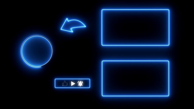 Blue neon you tube outro screen layout with placeholders and social media interaction buttons featuring glowing rectangular frames and circular profile on minimalist deep black background