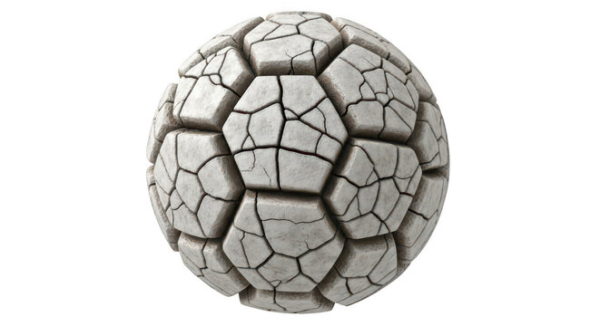 Cracked hexagonal stone sphere isolated on a transparent background