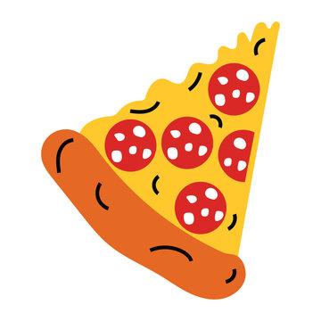 Classic element 80s 90s. Slice of pizza pepperoni in cartoon retro style. Hand drawn flat vector illustration. Fashion patch, sticker, badge, emblem