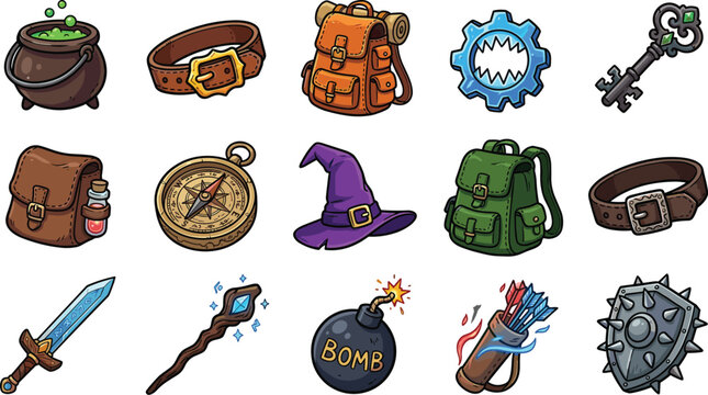 Fantasy adventure game asset collection featuring magic weapons backpacks potions shields and medieval roleplaying equipment vector illustration