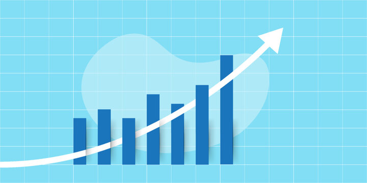 An illustration of financial report graph with exponential arrow from flying rocket. Exponential growth or compound interest, investment, business sales or profit increase conceptPrint