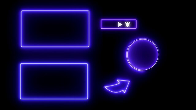 Purple neon you tube end screen template with placeholders and subscription button overlay for creators on dark background, featuring glowing rectangular, frames and circular profile