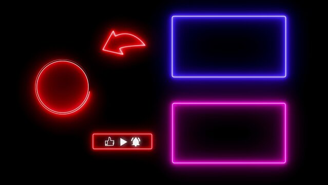 Red and purple neon you tube outro screen template with glowing rectangular frames and circular profile featuring social media interaction buttons for creators on black background