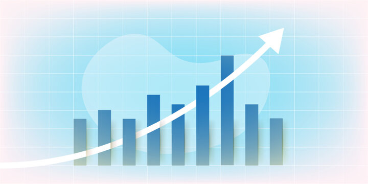 An illustration of financial report graph with exponential arrow from flying rocket. Exponential growth or compound interest, investment, business sales or profit increase conceptPrint
