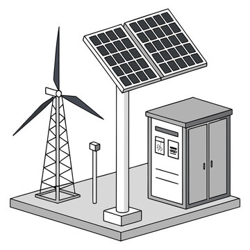 wind turbine and solar panel system vector illustration gray scale