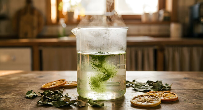 Matcha powder dissolving in a glass beaker of hot water