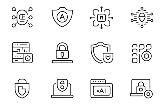Cybersecurity and AI Protection Line Icons Set Vector Illustration