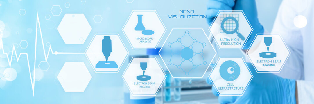 Advanced medical nanotechnology visualization techniques showcasing electron beam imaging cell ultrastructure and microscopic analysis for highresolution scientific research