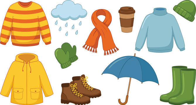 Autumn and winter clothing collection featuring sweater scarf boots umbrella and seasonal fashion vector illustration set