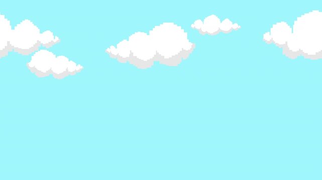 Pixel art clouds moving in blue sky looping animation, perfect for video game-themed backgrounds, streaming overlays, and creative nostalgic digital content. 4K video
