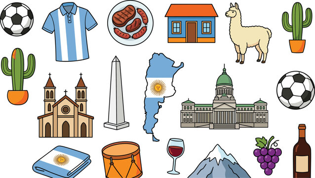 Argentina culture and national symbols collection with football tango wine landmarks cactus and traditional cartoon vector icons