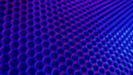 Abstract background showing a blurred hexagonal pattern with a gradient of vivid blue and purple lighting, creating a modern, high tech, and futuristic visual texture