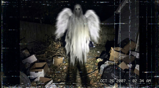 A ghostly figure in a dark room surrounded by trash