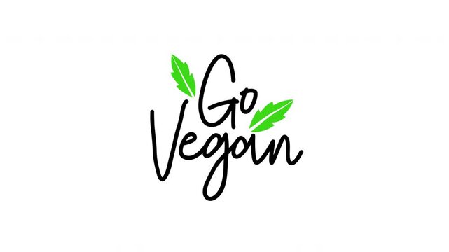 Go vegan animated handwriting text with green leaf decoration on white background. Brush script write-on motion graphic for vegan lifestyle, plant based, and eco friendly content